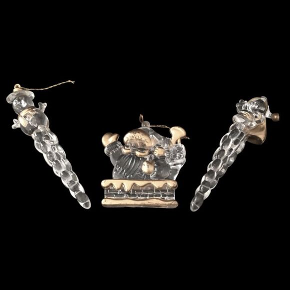 Acrylic Icicle Ornaments Lot x 3 Snowman Santa Claus Gold Trimmed Clear Lucite. - Picture 10 of 16